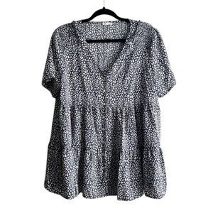 Jodifl Blue Animal Print Babydoll Blouse Top Tiered Button Front - Large